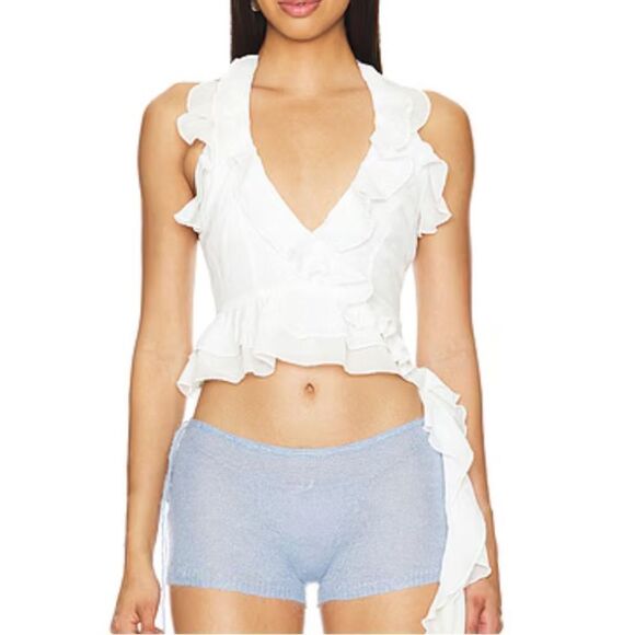 NWT More To Come Valerie Ruffle Top White chiffon jellyfish blouse Revolve XXS - Picture 2 of 14
